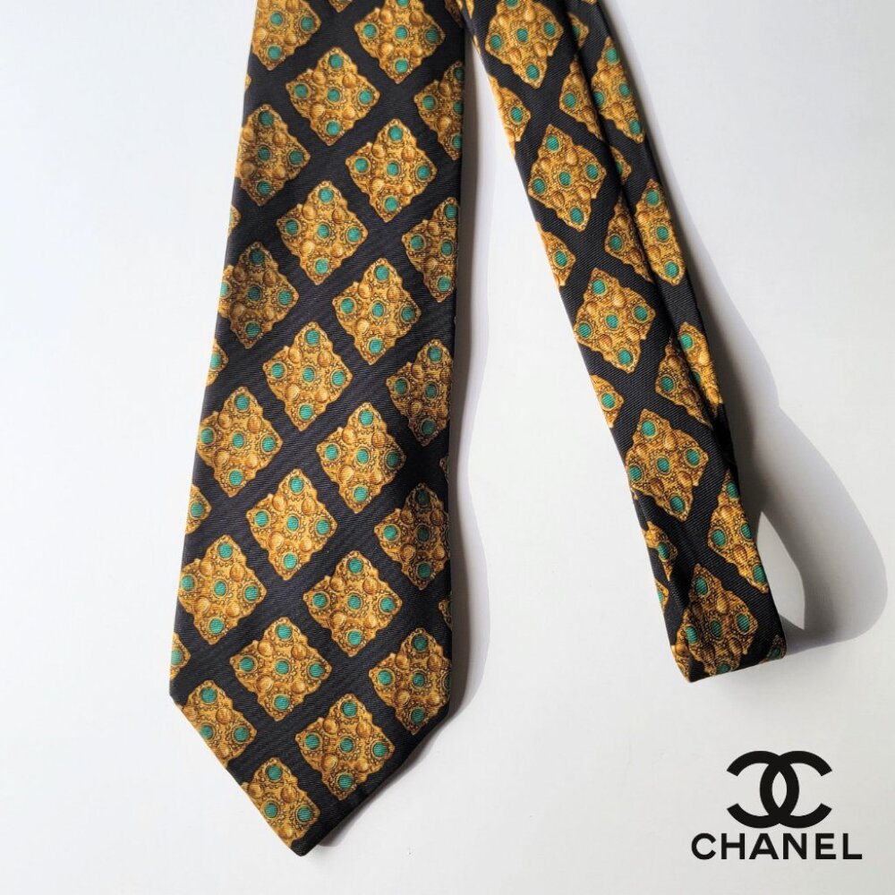 CHANEL Men's Vintage Tie 100% Silk Made in Italy Black Jewel Pattern Authentic